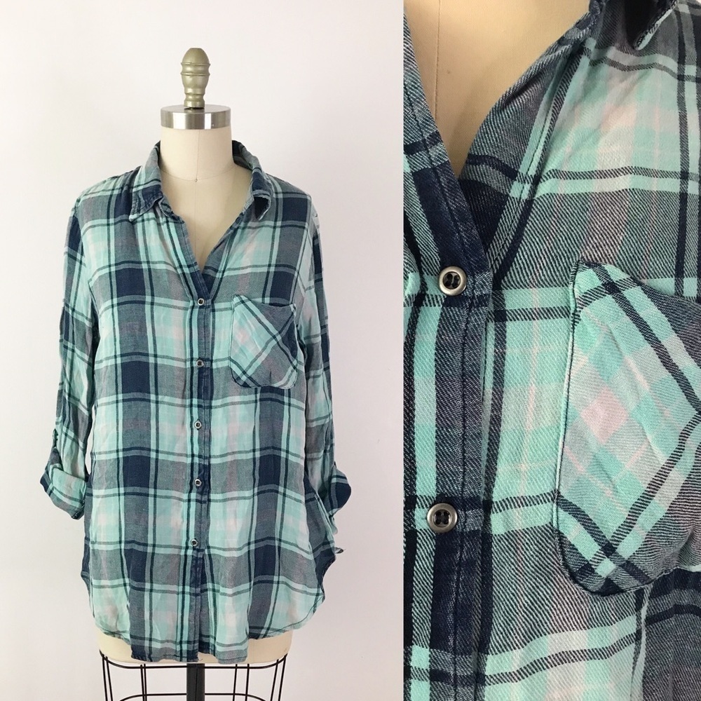 Stitch Fix Billy T Teal & Navy Plaid Flannel Shirt‎ Button Adventurecore